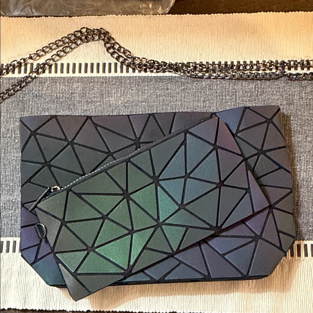 Iridescent Black Geometric Crossbody Bag with Detachable Pouch